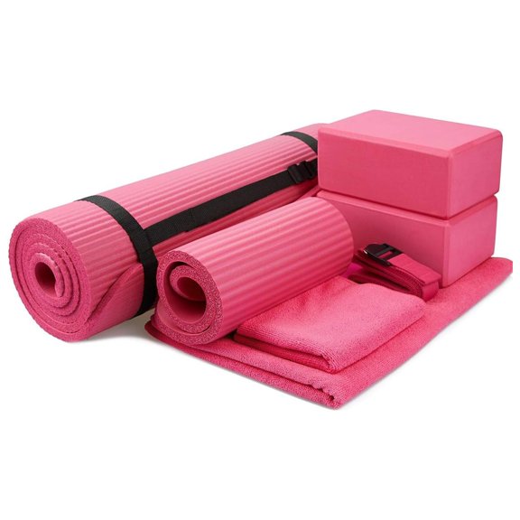 TEXBM 7-Piece Yoga Set with 71x24x0.5 Inches Extra Thick Mat and Carrying Sling Includes 2 Blocks, Stretch Strap, 2 Towels, and Knee Pad for Home, Studio, and Gym Workouts