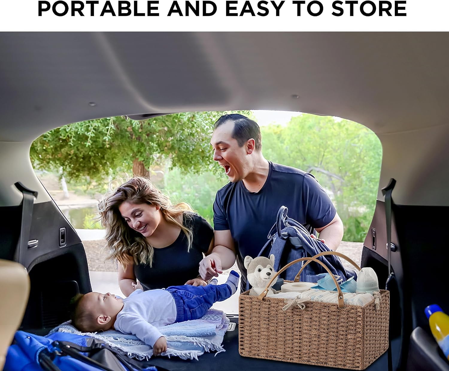 HBlife Baby Diaper Caddy Organizer, Paper Rope Nursery Storage Bin Baskets, Changing Table Baby Diaper Storage Portable Car Organizer with Removable Divider, Baby Shower Gifts