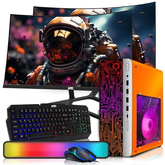 Restored HP Desktop Computer PC Phoenix Intel i5, 16GB RAM, 1TB SSD, Dual 24 Inch Curved Monitor, RGB KBM with AI Copilot, WiFi, RGB Soundbar, Windows 11