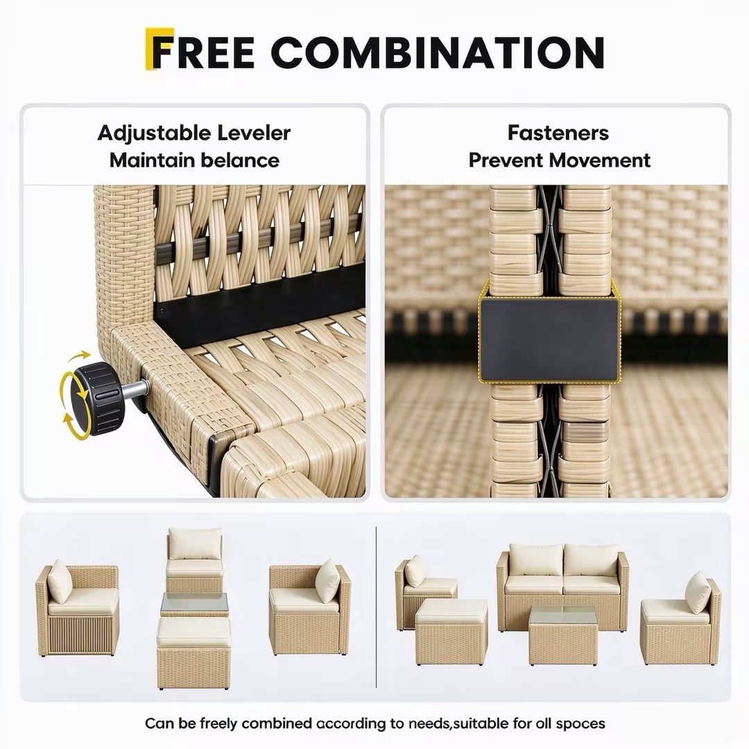 ELPOSUN 5-Piece Patio Furniture Conversation Set, All-Weather Wicker Outdoor Sectional Sofa Set with Table & Cushions, Beige