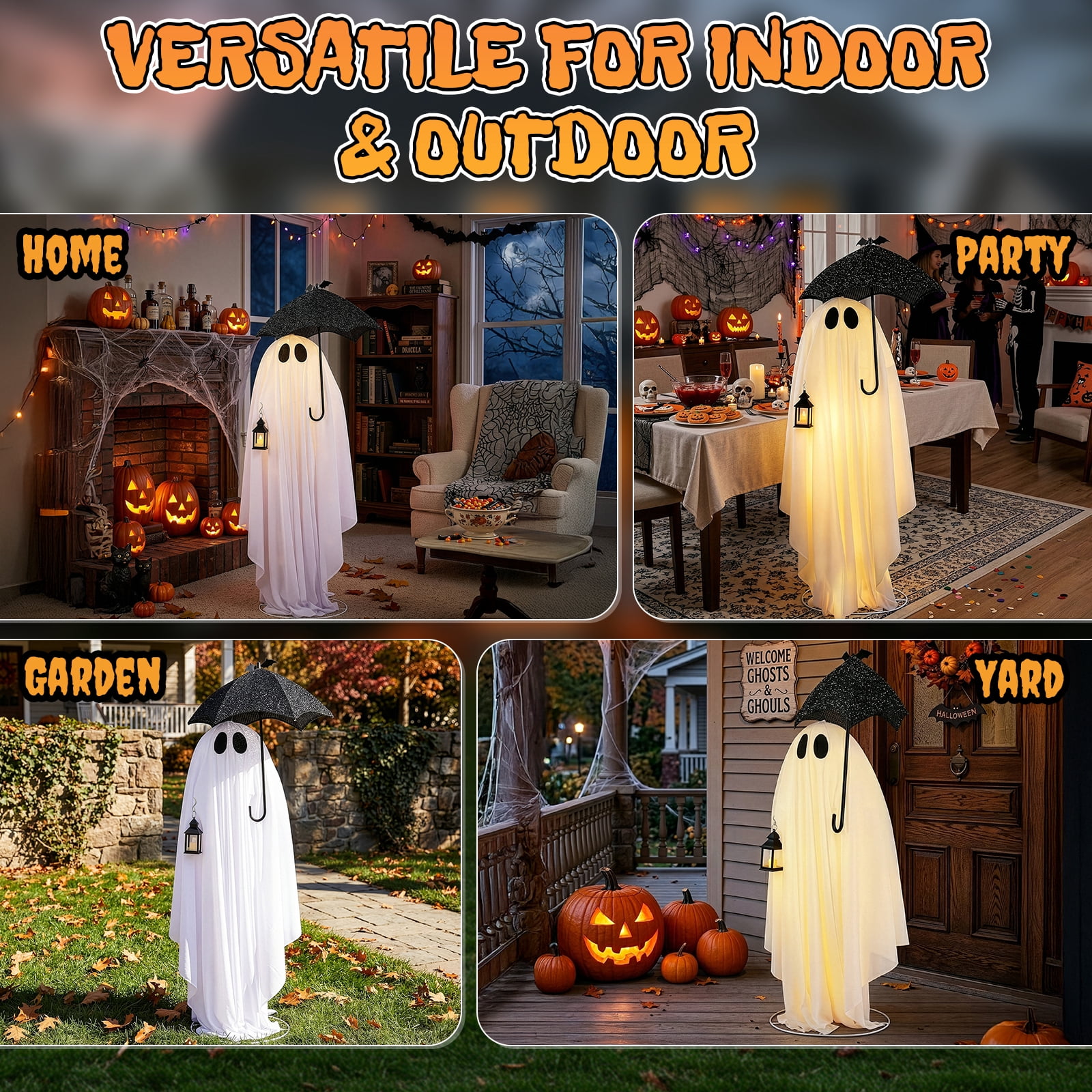 Astoutdoor 5 ft Black and White Umbrella Ghost Halloween Decoration with 100 Warm White LED Lights, 30V 3.6W Adapter, Indoor Outdoor Light-Up Decor