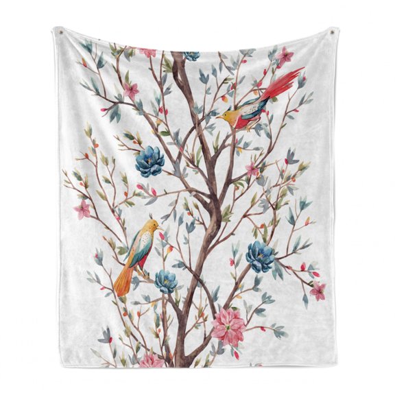 Plant Watercolor Soft Flannel Fleece Blanket, Pattern of Forest Tree with Birds Humming and Flowers Blooming, Cozy Plush for Indoor and Outdoor Use, 50" x 70", Warm Taupe Multicolor, by Ambesonne