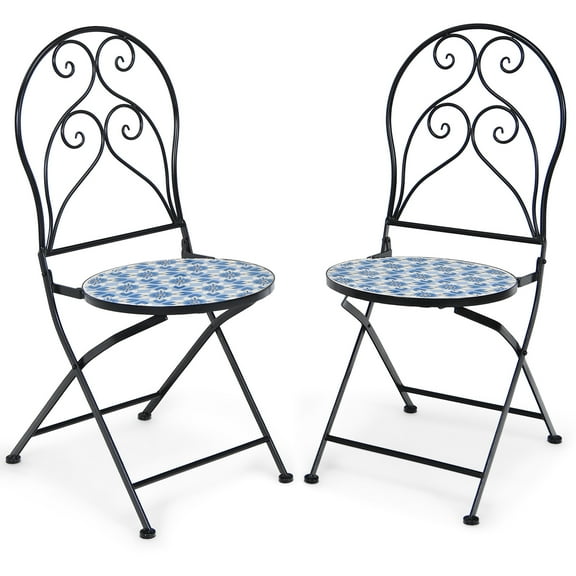 Patiojoy 2PCS Outdoor Mosaic Folding Bistro Chairs Patio Chairs with Ceramic Tiles Seat and Exquisite Floral Pattern Blue Seat