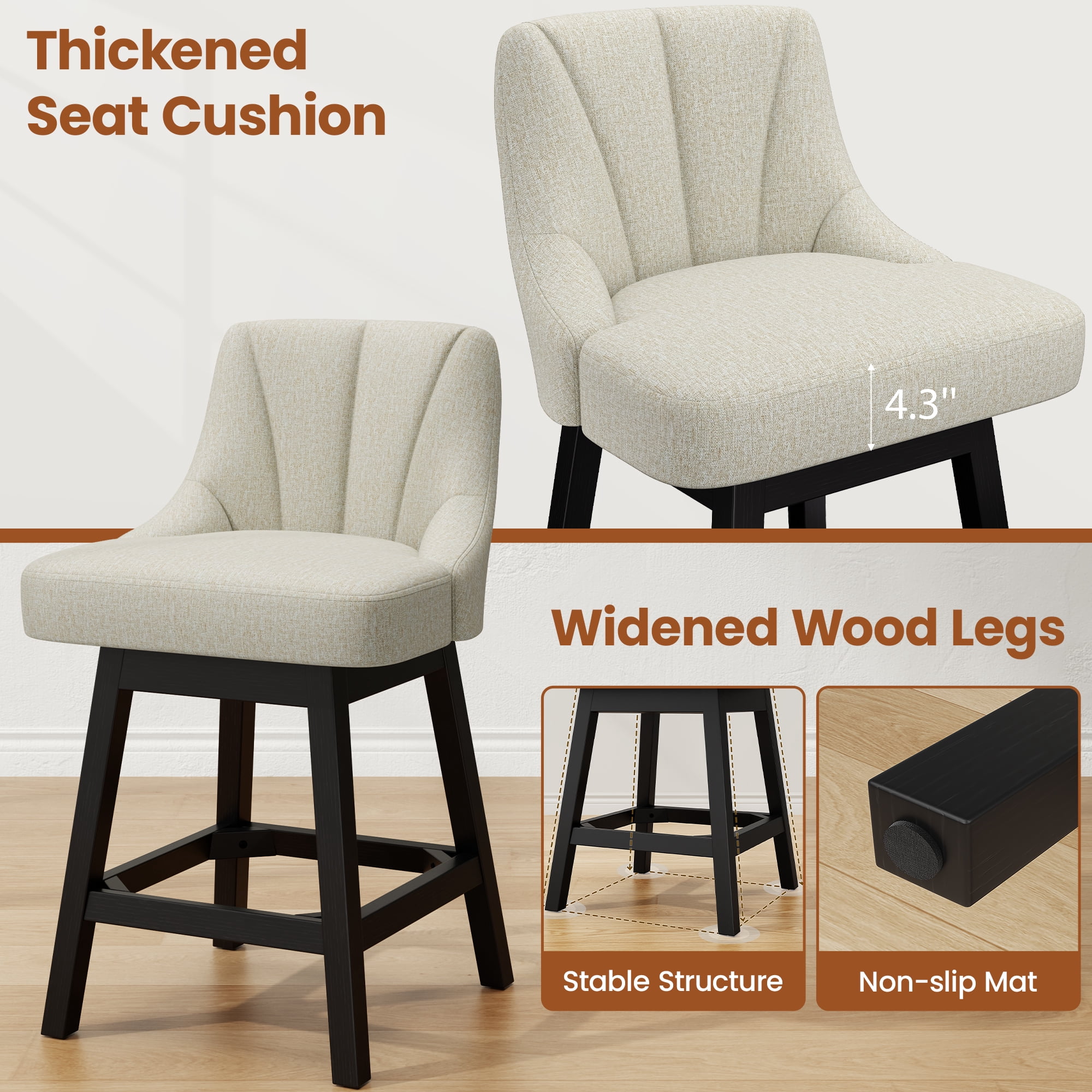 LainTene 26" Swivel Bar Stools with Backs, 26" Counter Height Bar Stools, Extra Upholstered Counter Barstools with Square Solid Wood Legs for Kitchen Island, Dining Room