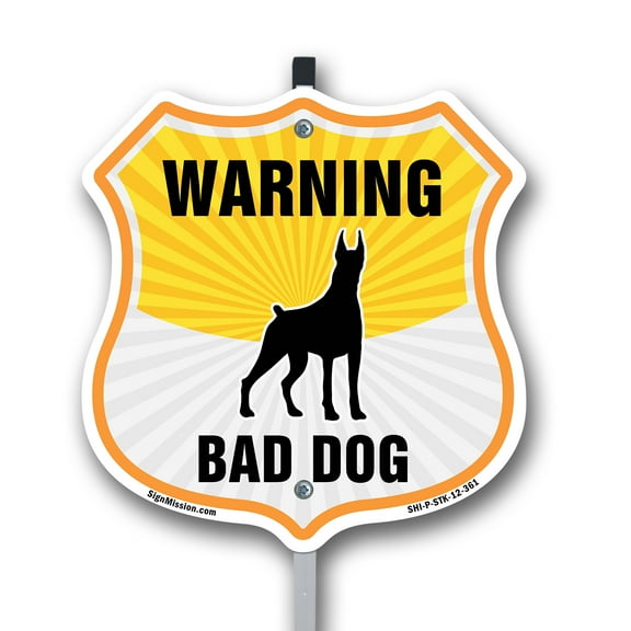 Beware Of Dog Shield Sign Warning Bad Dog 12 inch X 12 inch Shield Shaped Rust-Free Aluminum Metal Sign with Aluminum Mounting Stake Weather Resistant, UV Protected for Workplace Made
