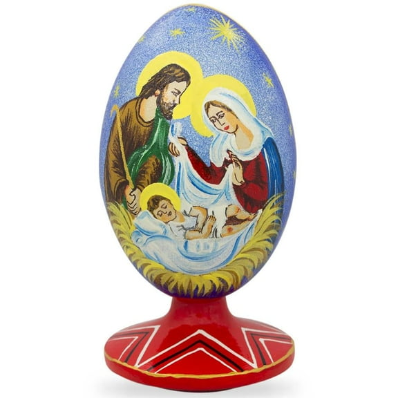Virgin Mary, Joseph and Baby Jesus Wooden Egg Nativity Figurine 4.75 Inches