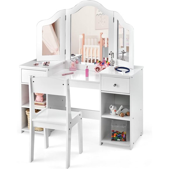 INFANS Kids Vanity, 2 in 1 Princess Makeup Desk and Chair Set with Drawers Tri-Folding Detachable Mirror Large Storage Shelves, Wooden Dressing Table, Pretend Play Vanity Set for Toddler Girls