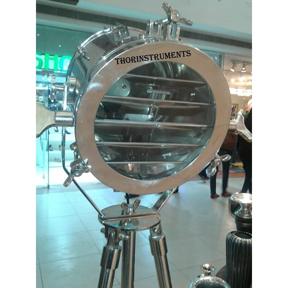 THOR VINTAGE INDUSTRIAL DESIGNER CHROME NAUTICAL SPOT LIGHT TRIPOD FLOOR LAMP DECOR