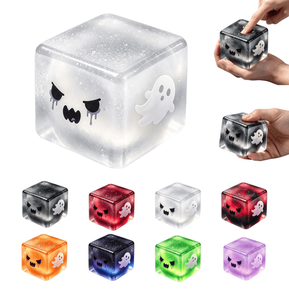 Halloween Glitter Maltose Squishy Cube Fidget Toys Pumpkin Eyeball Ghost Frankenstein Squeeze Stress Relief Sensory Toys for Kids Adults, Halloween Party Favors Stocking Stuffers,Silver