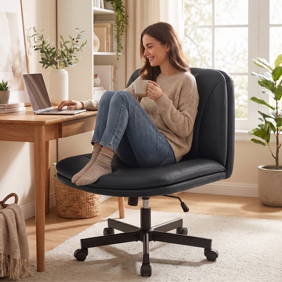 COOLHUT Cross Legged Office Chair with Wheels Armless-Office Desk Chair, Modern Vanity Computer Task Chairs for Home Bedroom, Comfortable Wide Seat for Lower Back Pain Relief, PU Leather, Black