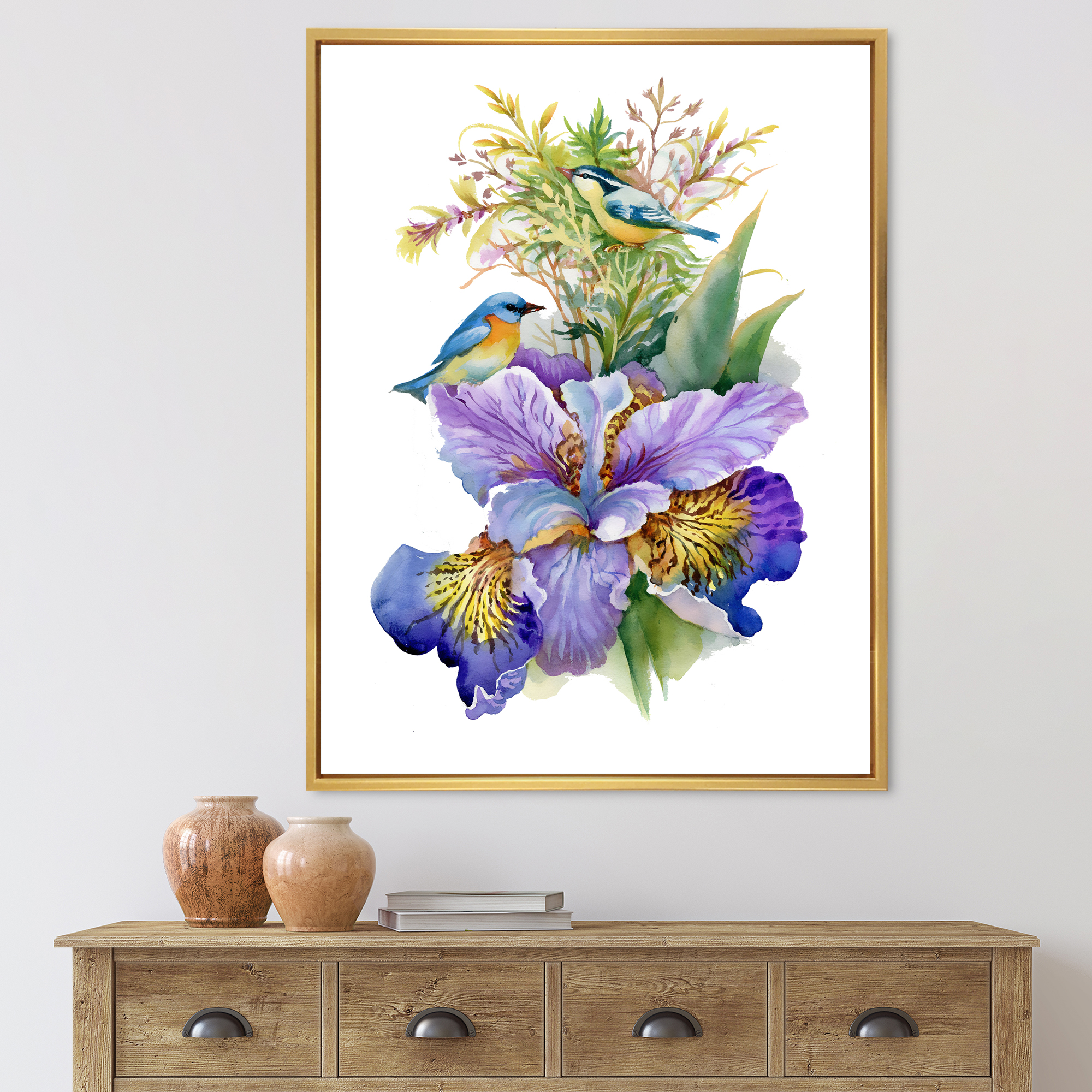Designart 'Birds With Purple Iris' Traditional Framed Canvas Wall Art Print