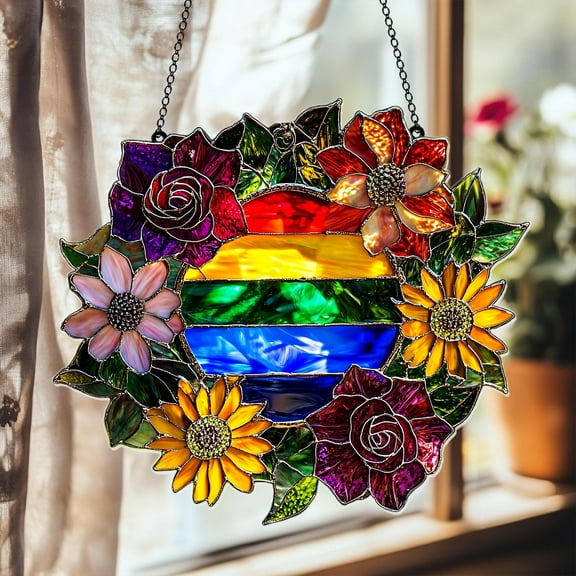 Rainbow Pride Acrylic Suncatcher, LGBT Faux Stained Glass Window Hanging with Flowers, Colorful Love Decor