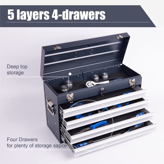 Excelo 21" 4-Drawer Portable Tool Chest, 300 lb Heavy-Duty Lockable Steel Tool Box with EVA-Lined Drawers for Garage & Workshop,Grey