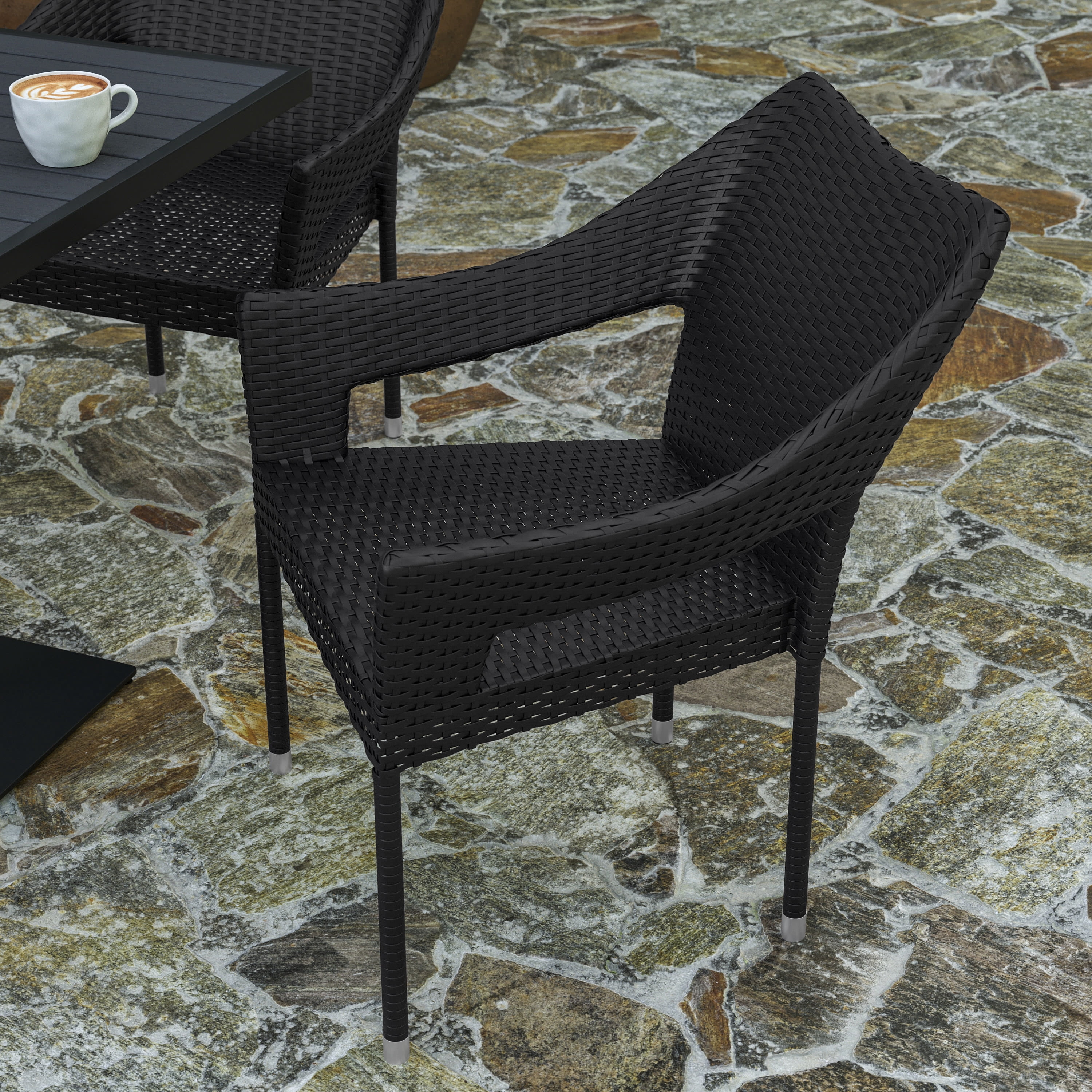 Merrick Lane Weather Resistant Indoor/Outdoor Stacking Patio Dining Chair with Steel Frame and PE Rattan - Black