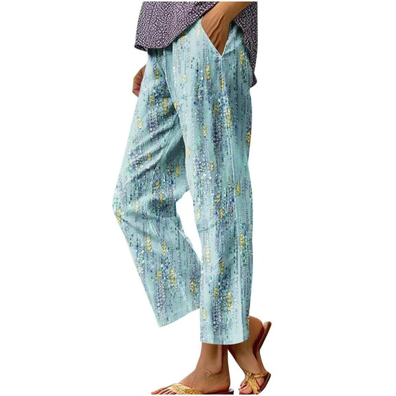 Fancifize Women Printed Beach Pants Straight Leg Tropical Vacation Pants UPF 50  Sun Protection Lightweight Trousers XXL,Light Blue