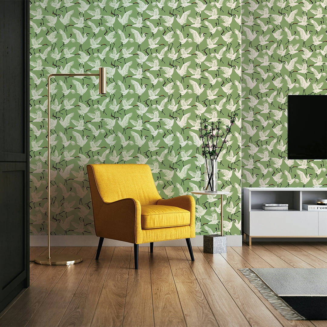 Tempaper x Novogratz Family of Cranes Green Peel and Stick Wallpaper, 20.5" x 16.5'