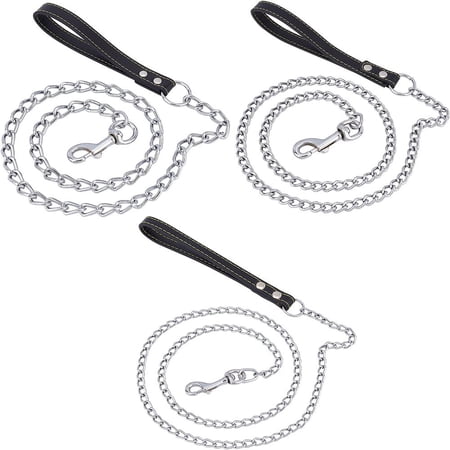 3pcs 3 style Iron Curb Chains & PU Leather Handles Ropes Pet Collar Traction Rope Platinum 1230~1247x7~19mm 1pc/style DIY