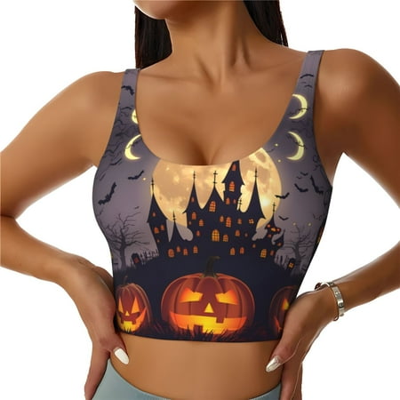 Sports Bras for Women - Halloween Haunted Pumpkin Castle Seamless Yoga Bra Workout Crop Top with Removable Pads