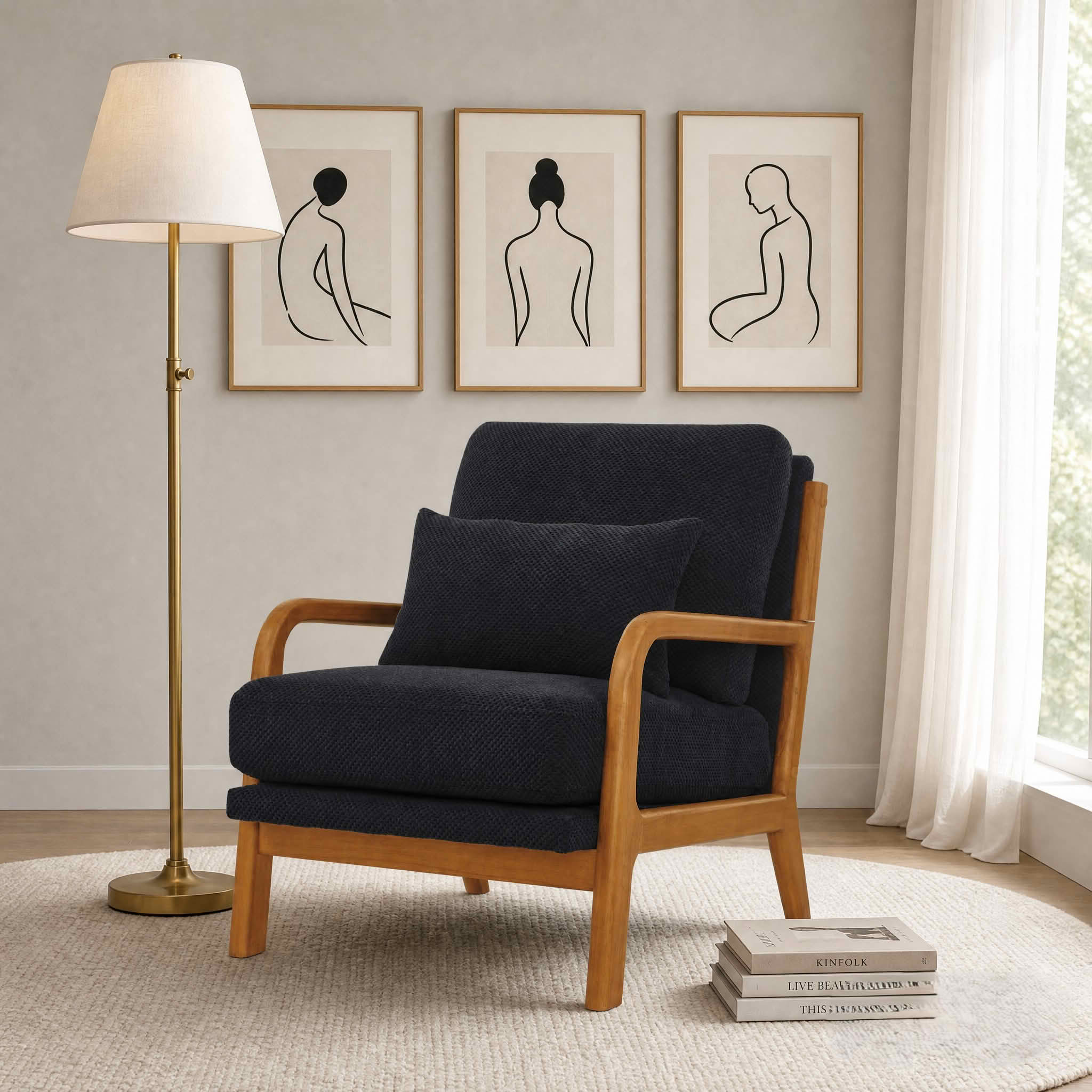 MAYEERTY 26 In Nubby Fabric Lounge Chair, Solid Wood Armrests, Lumbar Pillow, Black, 300 lb