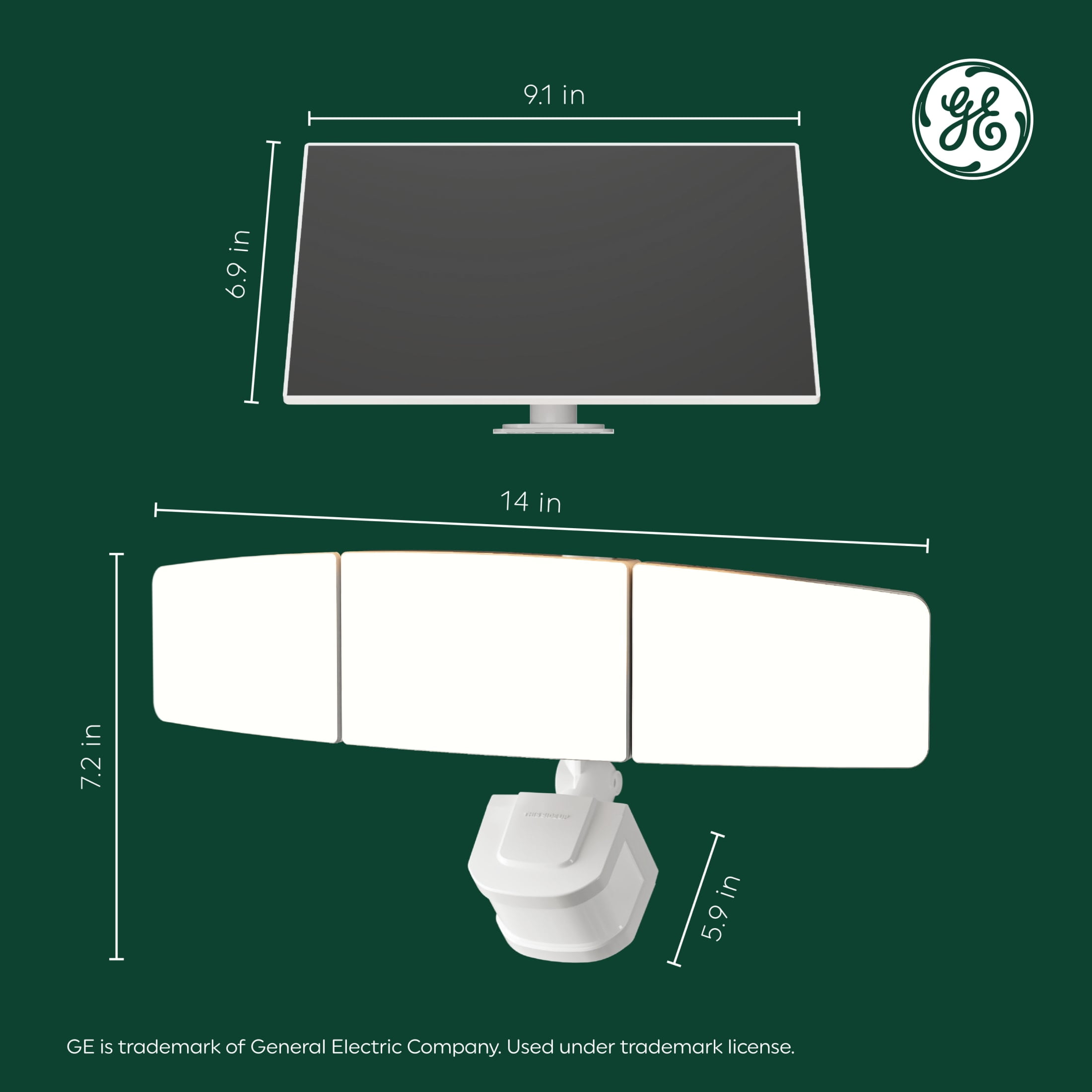 GE Outdoor Security Flood Lights, Adjustable 3-Head Light with Motion & Dusk to Dawn Sensor, Solar Light, 2500 Lumens