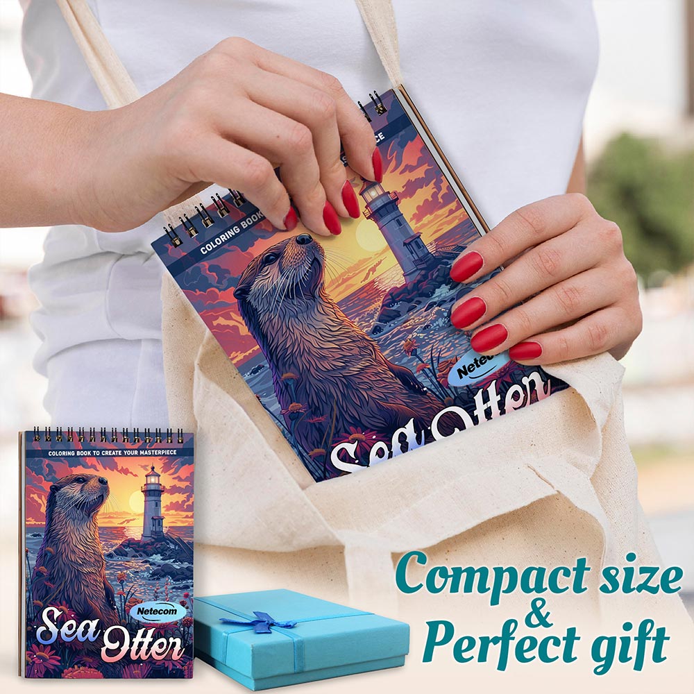 Netecom Sea Otter Coloring Book Spiral Bound For Adults, A5 Wooden Cover, 30 Joyful Coloring Pages of Marine Creatures for Stress Relief and Relaxation