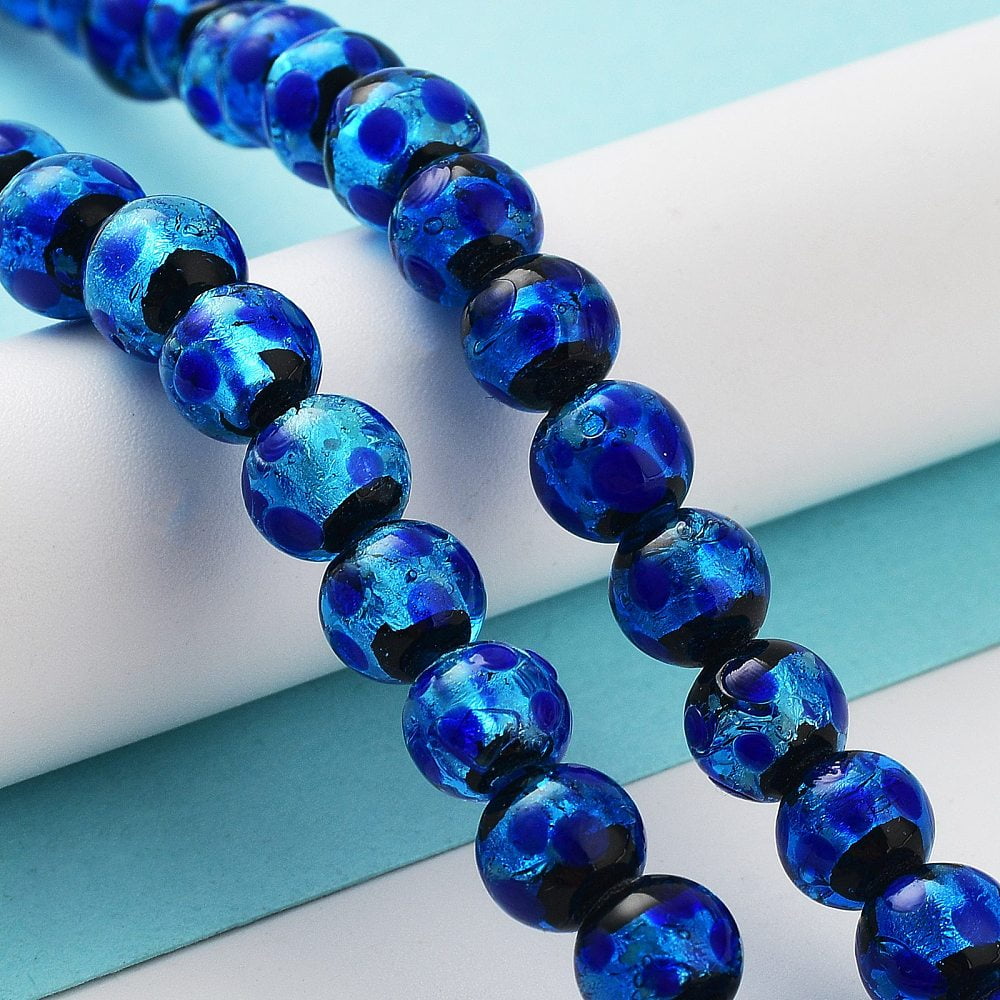 50pc Glow in the Dark Luminous Style Handmade Silver Foil Glass Round Beads Blue 8mm Hole: 1mm