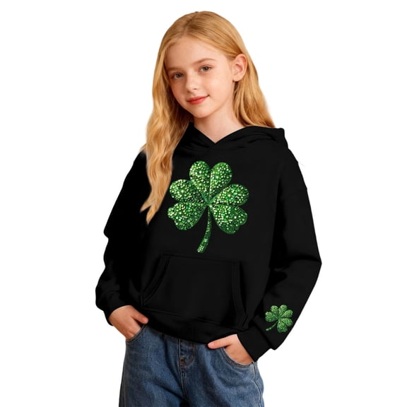 WOYY Toddler Girls St. Patrick's Day Hoodie Clover Print Hooded Sweatshirt, Sizes 3-4T
