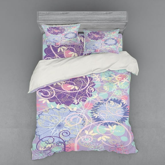 Ambesonne Floral Bedding Set 4 Pcs, Dandelions Leaves Swirls, Queen, Multicolor