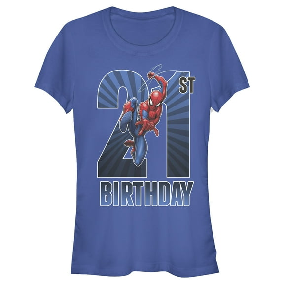 Junior's Marvel Spider-Man Swinging 21st Birthday Graphic Tee Royal Blue Small