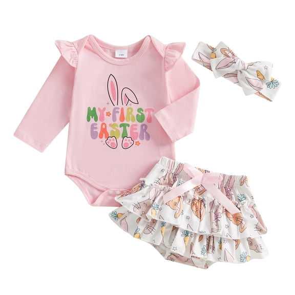 Okbabeha Infant Baby Girl 3Pcs Easter Outfits Long Sleeve Romper Bunny Ruffles Shorts Headband