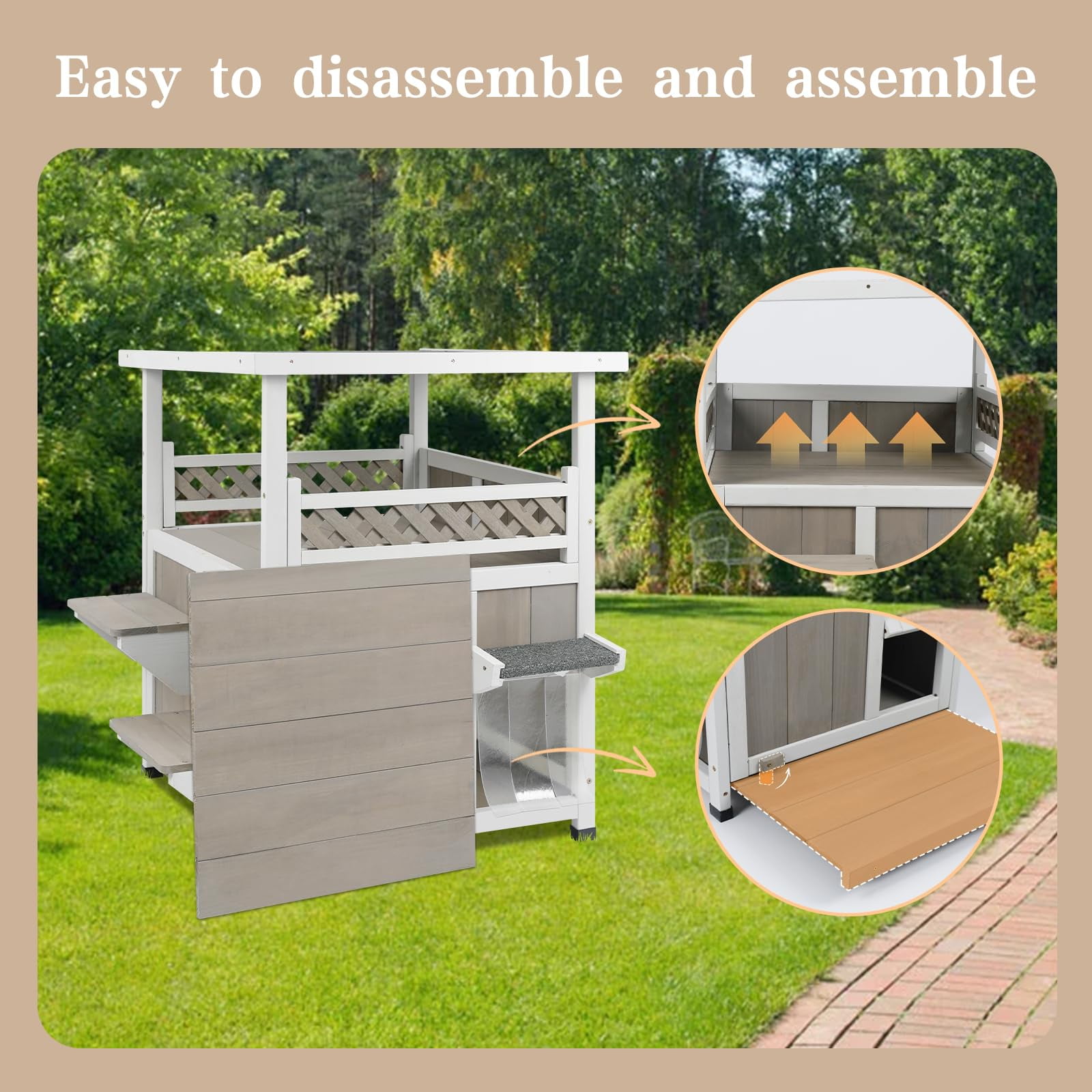 Gowoodhut Two Story Cat House Outdoor Weatherproof, Wooden Outside Feral Cat Shelter with Large Balcony, Escape Doors, Easy Installation