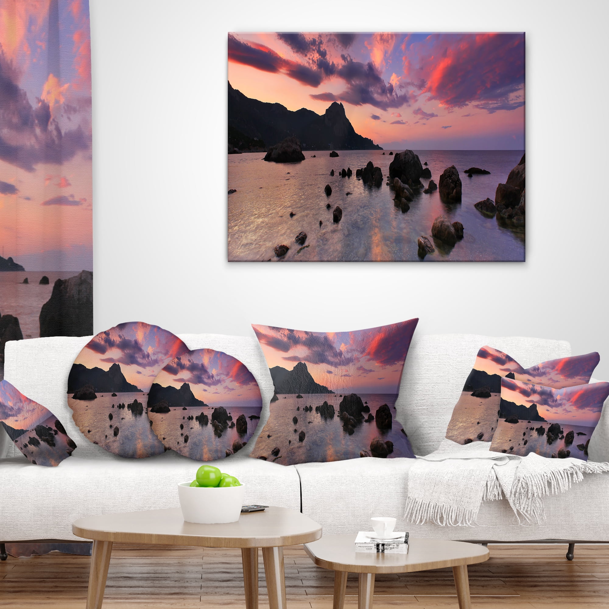 Designart Rocky Colorful Beach Panorama - Modern Seashore Throw Pillow - 16x16