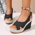 thumbnail image 3 of Wedges Heels for Women Open Toe Denim Platform Sandals Antislip Casual Ankle Strap Summer Pumps Dress Shoes Black Size 7, 3 of 8