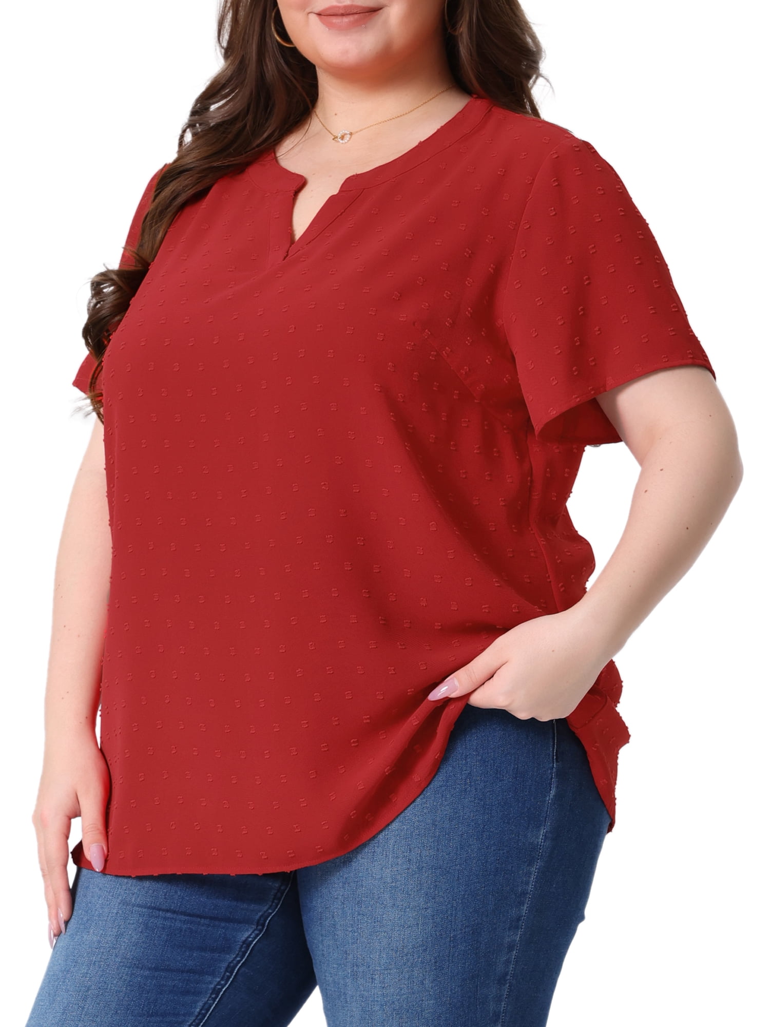DARING DIVA Women's Plus Swiss Dots Notched Neck Short Sleeve Blouse 3X Red