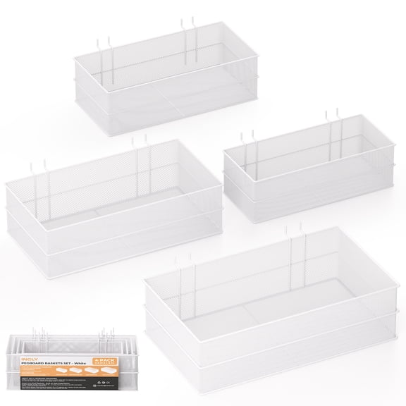 INCLY 4 Pack Upgrade Pegboard Baskets, 4 Sizes Square Style Metal Mesh Pegboard Baskets and Bins, Peg Board Organizer Accessories for Garage Craft Room Office Kitchen