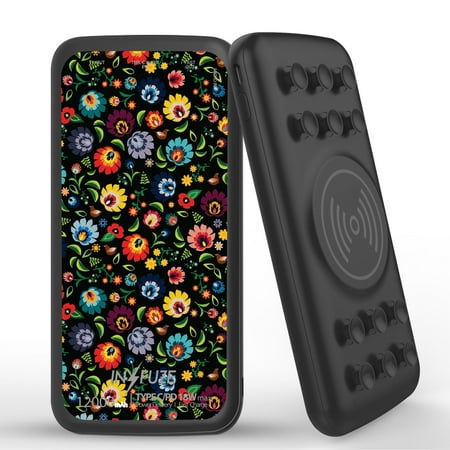 

INFUZE Qi Wireless Portable Charger for REVVL V+ 5G External Battery (12000 mAh 18W Power Delivery USB-C/USB-A Quick Charge 3.0 Ports Suction Cups) with Touchless Tool - Colorful Floral