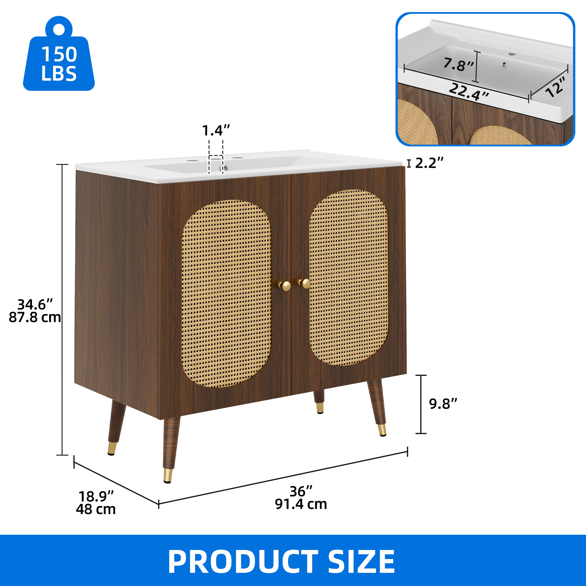 Uforic 36 Inch Mid-Century Rattan Bathroom Vanity, Freestanding Wooden Vanity Cabinet with Ceramic Sink for Home Bathroom, Brown