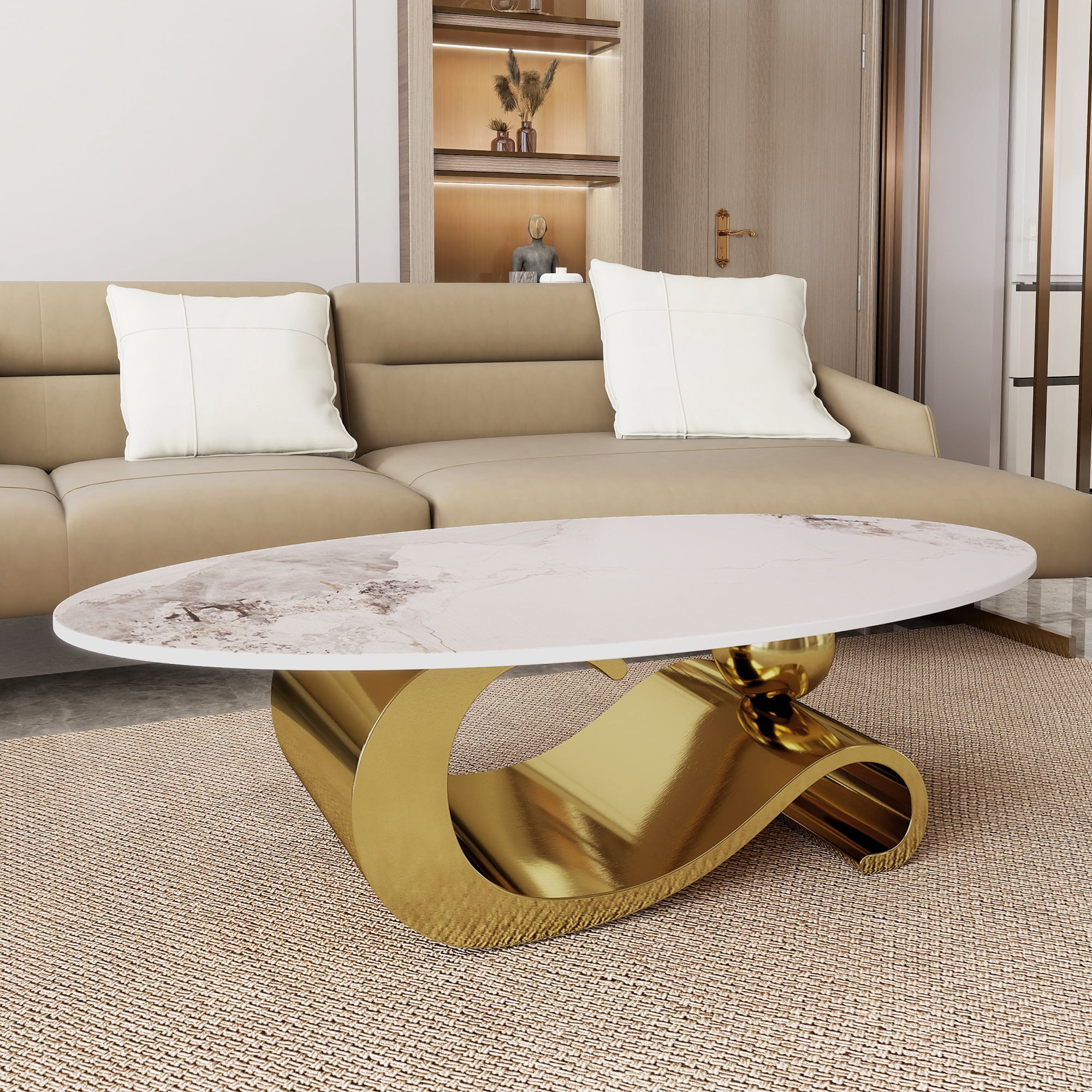 HIUU White Marble Coffee Table for Living Room,Oval Coffee Table with Gold Stainless Steel Base for Living Room