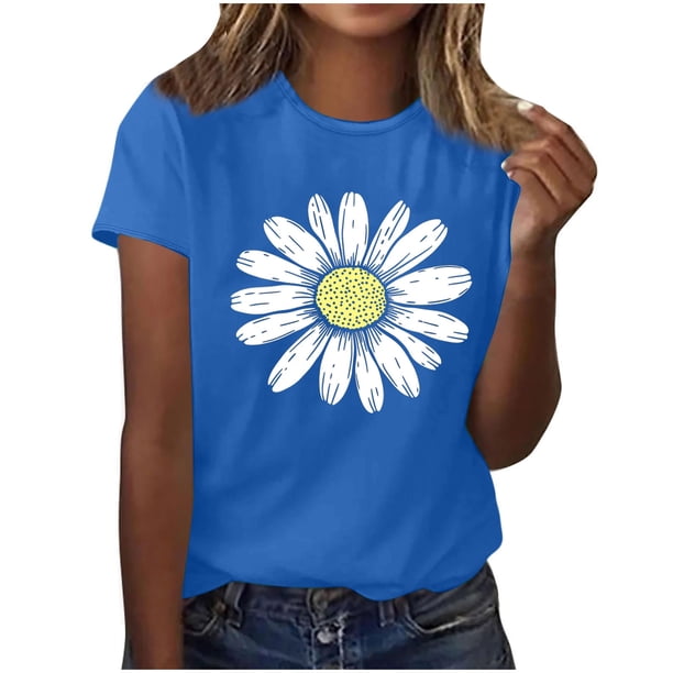 Camisas de Manga Corta para las Mujeres Moda Casual Impresión Cuello Redondo Suéter Tee Blusas