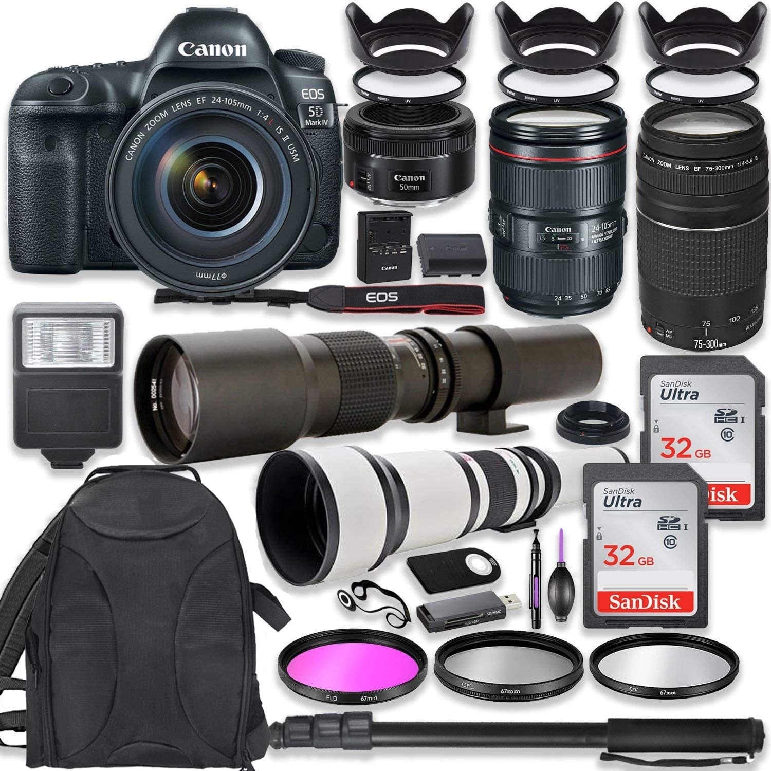 Canon EOS 5D Mark IV DSLR Camera & Lens Bundle 24105mm USM, 75300mm
