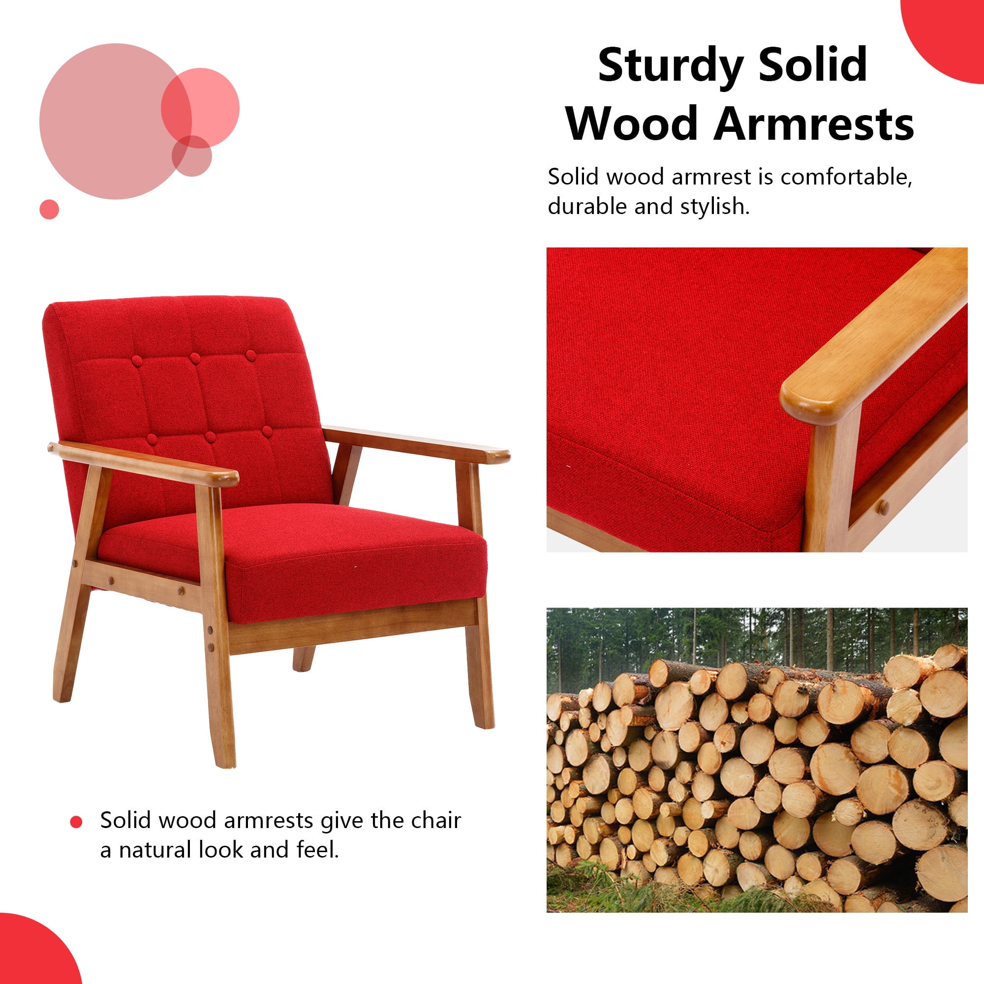 Miniyam Mid Century Modern Accent Chair with Wood Frame,Linen Fabric Single Reading Chair,Armchair for Living Room Bedroom Home Belcony Office,Red