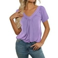 thumbnail image 3 of MIXUE Boho Tops For Women Summer Solid Color V Neck Short Sleeve Casual Tshirts Streetwear,Purple,S, 3 of 8