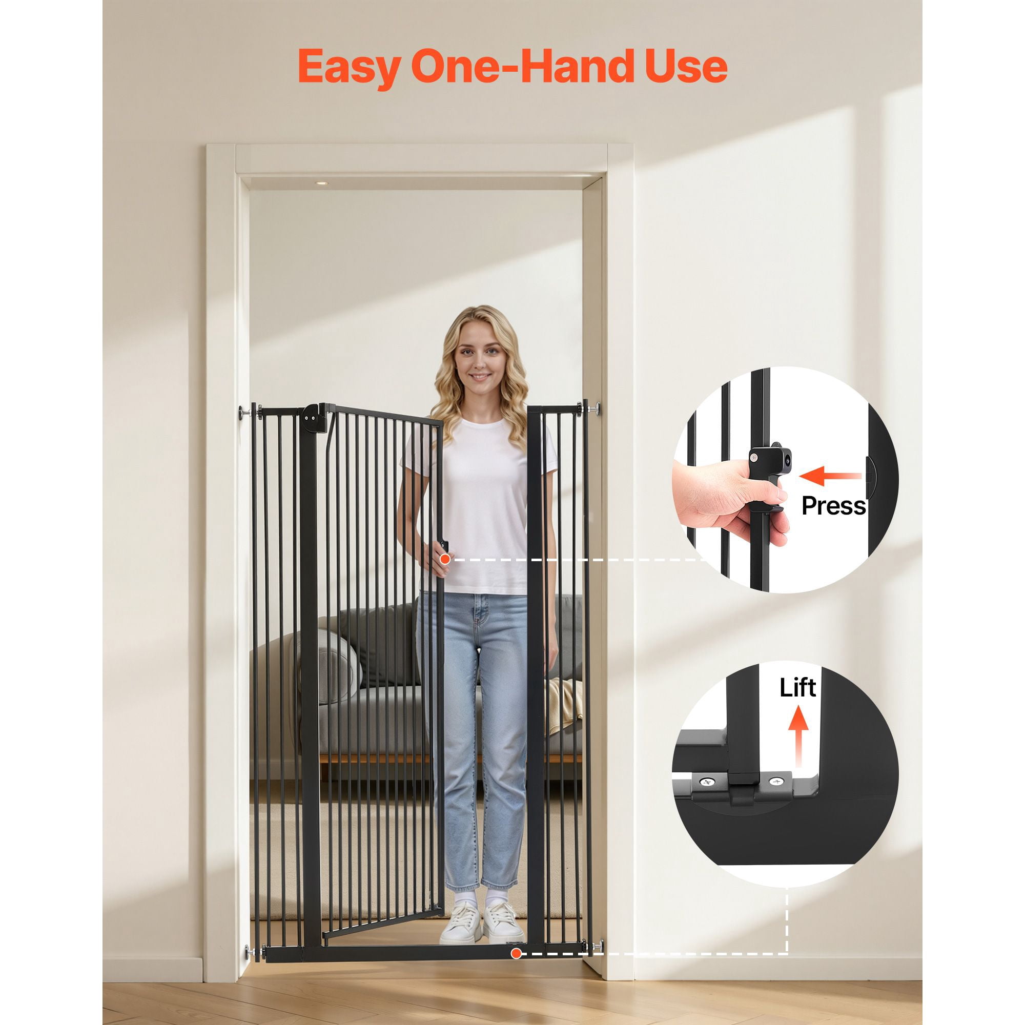 Extra Tall Pet Gate for Cats, 29-41 in Adjustable Width, 56 in High Dog Gate, with Pressure Mount Kit and Wall Mount Kit, 1.3 in Narrow Bar Spacing, for Stairs, Doorways, and House, Black