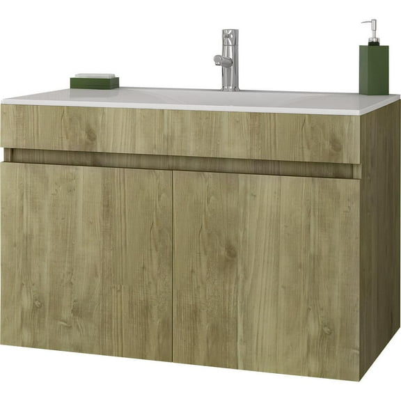 Quinn Wall Mounted Gold Oak Bathroom Vanity 2 Doors with Integrated Washbasin