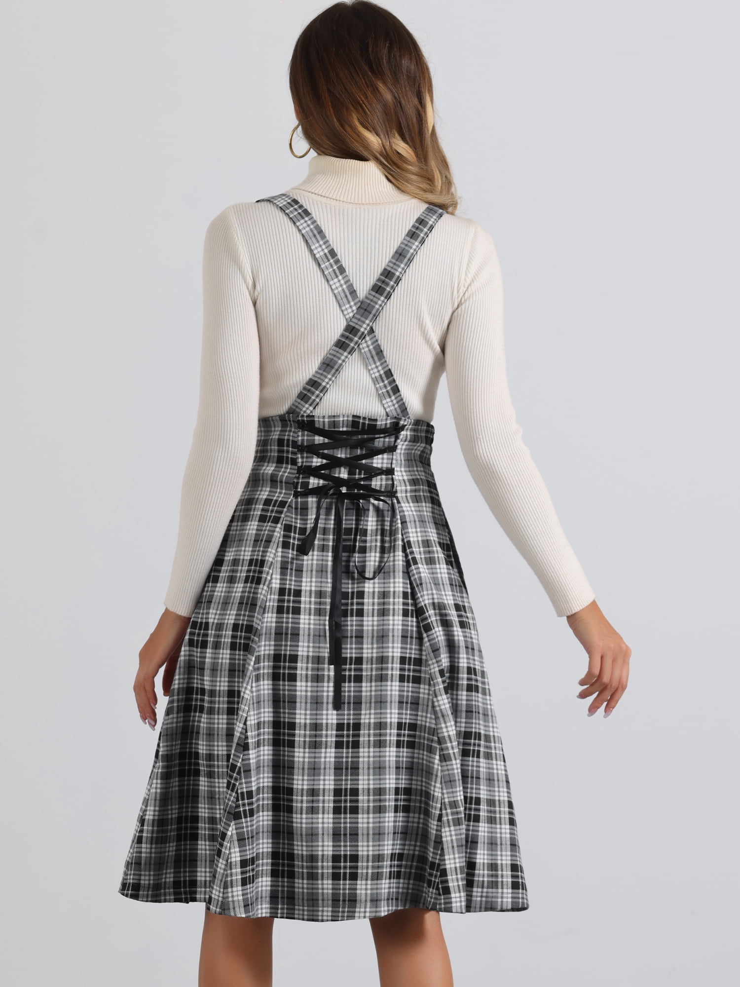 DARING DIVA Women's Tartan Pinafore Plaid Midi Suspender Skirt M Black