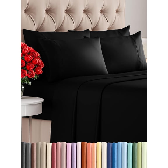 6 Piece King Bed Sheet Set in Black with 16 Inch Deep Pockets