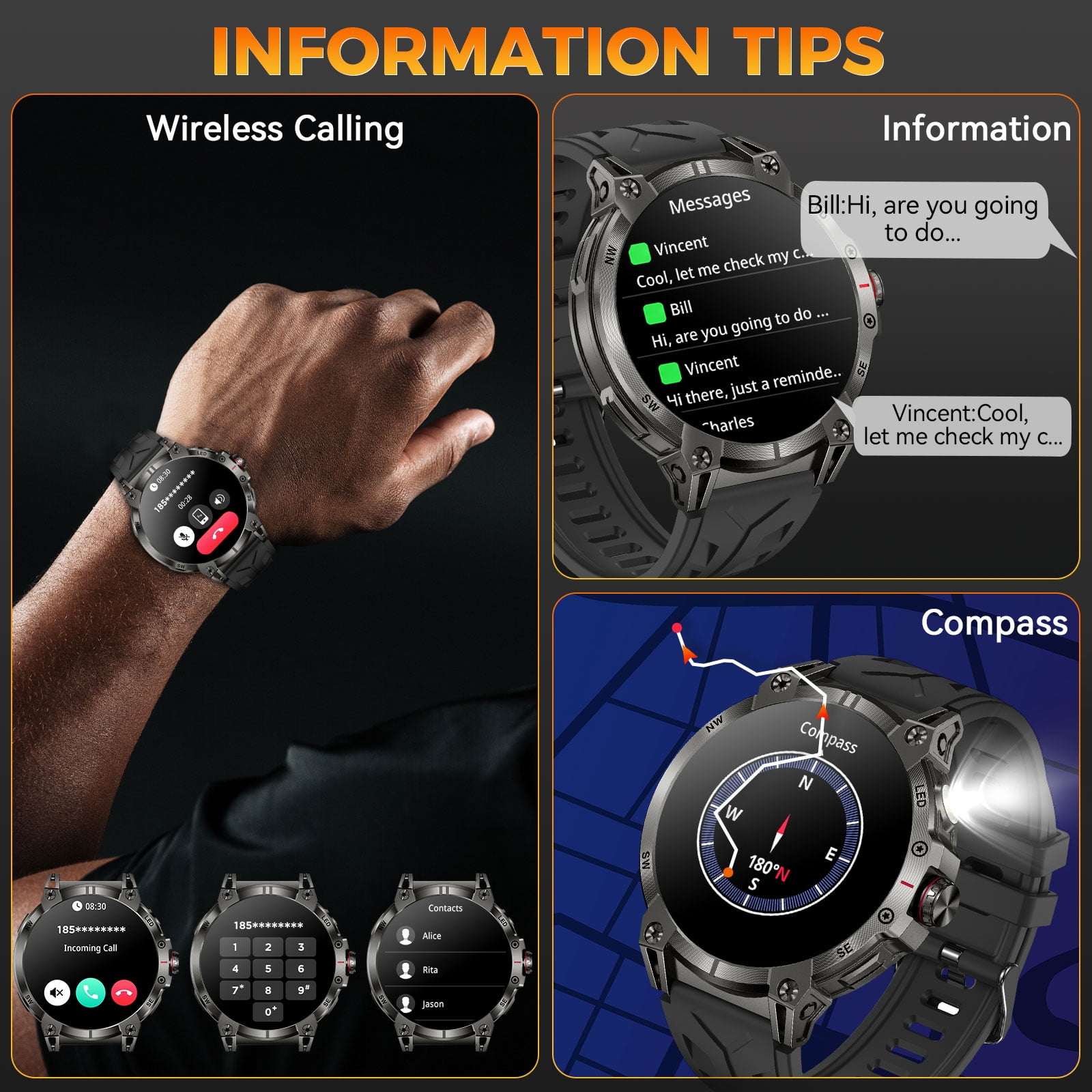 XAXRE KC89 Smart Watch for Men(Answer/Dial Calls)with LED Flashlight 760mAh Battery 100+ Sports Modes Sport Watch 1.85'' HD Smartwatches for iOS Android, 1pc