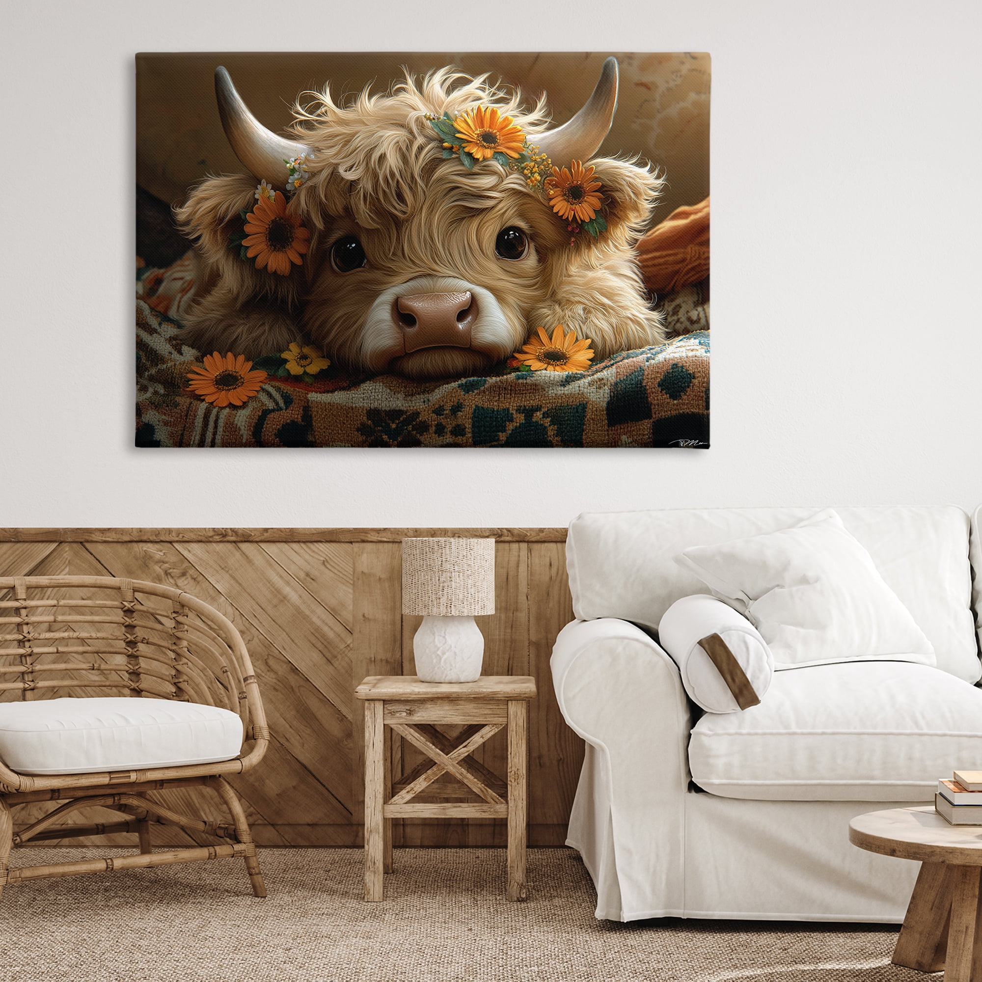 Adorable Flower Bedecked Cattle Canvas Wall Art, design by Momart