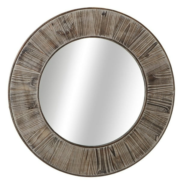 35" Distressed Gray Finish Decorative Wood Themed Round Wall Mirror