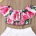 thumbnail image 4 of Little Girls 2PCS Skirt Set, Off Shoulder Ruffle Floral Short Sleeve Crop Tops, Knee-Length Solid Color High Waist Skirt Suit, 4 of 8